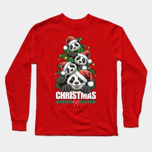 Christmas Pandas (momma and 3 cubs) Long Sleeve T-Shirt